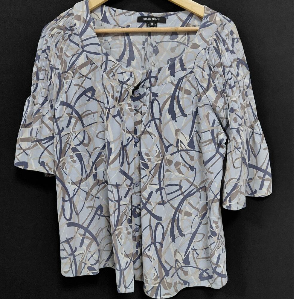ELLEN TRACY label Silk Graphic Print 3/4 Sleeve V-Neck Size 14